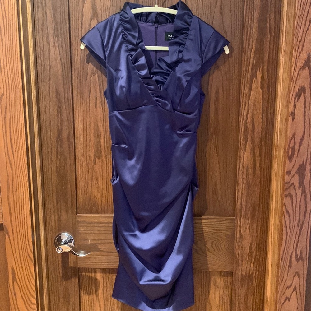Ruffled, satin knee-length dress (size 4), capped sleeves, never worn